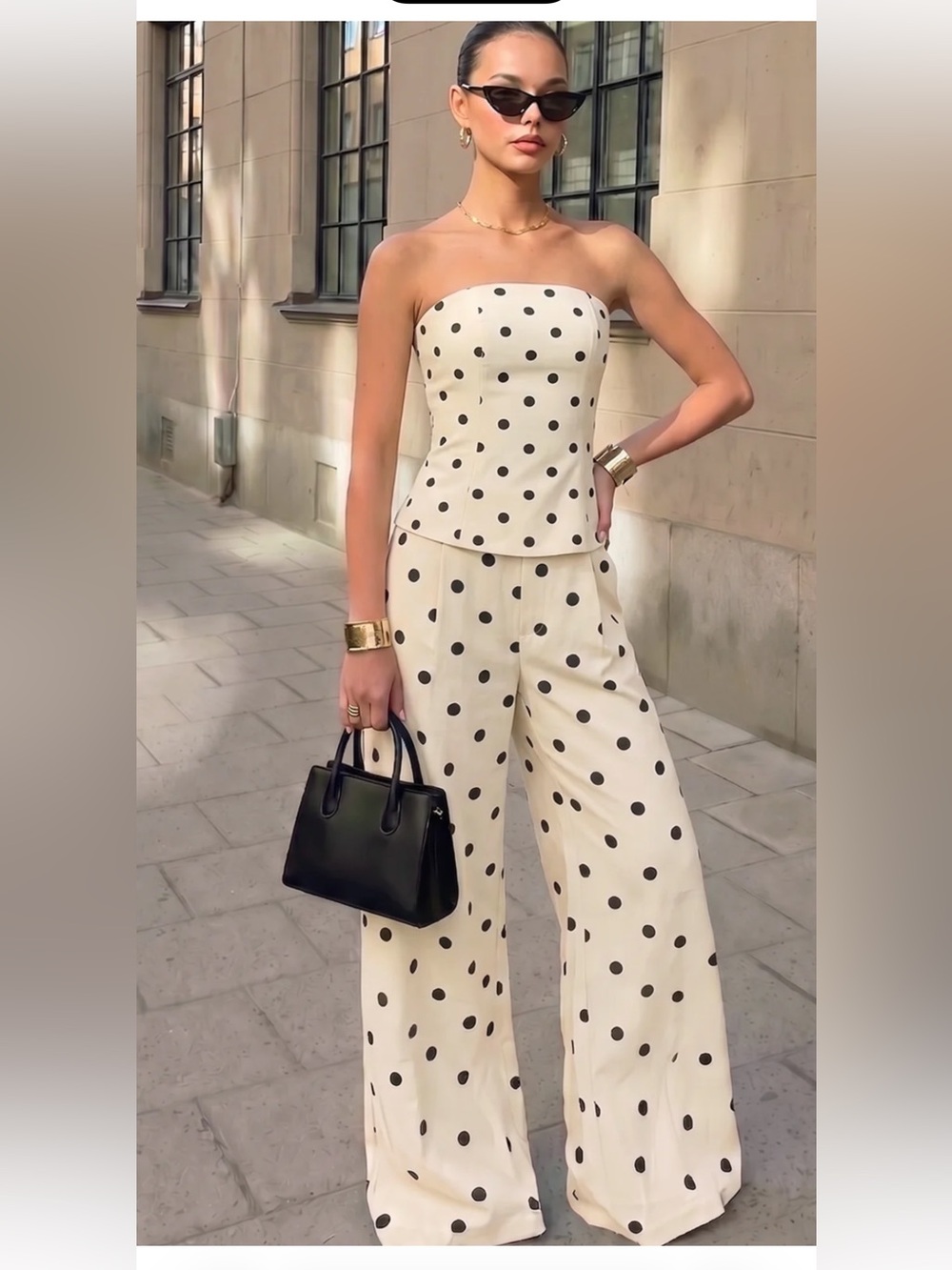 Polka Dot Strapless Maxi Dress - Cream with Black Dots